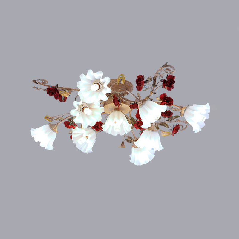 4/7/9-Bulb Flower Semi Flush Mounted Light American Garden White Frosted Glass Flush Mount Ceiling Light Clearhalo 'Ceiling Lights' 'Close To Ceiling Lights' 'Close to ceiling' 'Semi-flushmount' Lighting' 1968492