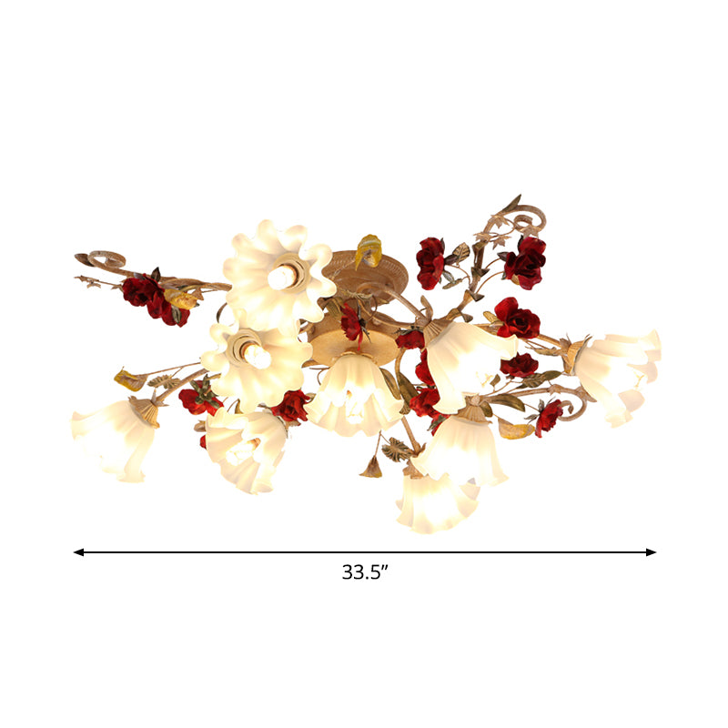 4/7/9-Bulb Flower Semi Flush Mounted Light American Garden White Frosted Glass Flush Mount Ceiling Light Clearhalo 'Ceiling Lights' 'Close To Ceiling Lights' 'Close to ceiling' 'Semi-flushmount' Lighting' 1968493