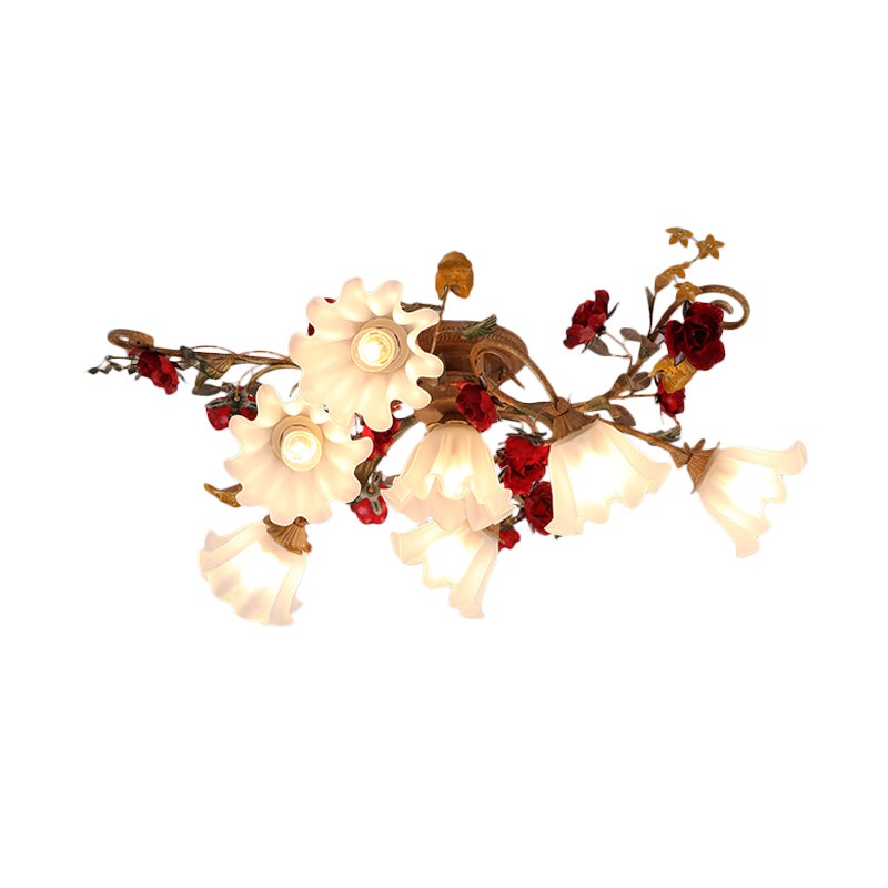 4/7/9-Bulb Flower Semi Flush Mounted Light American Garden White Frosted Glass Flush Mount Ceiling Light Clearhalo 'Ceiling Lights' 'Close To Ceiling Lights' 'Close to ceiling' 'Semi-flushmount' Lighting' 1968496