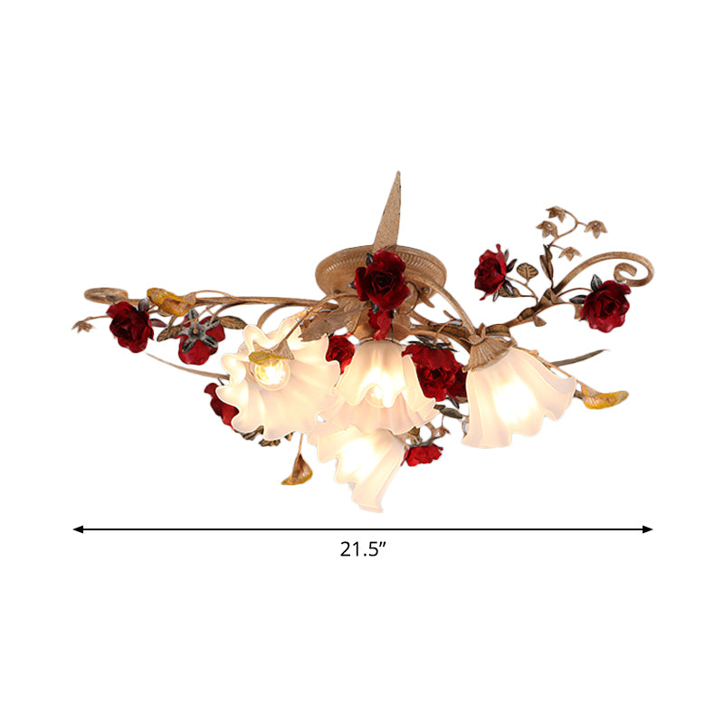 4/7/9-Bulb Flower Semi Flush Mounted Light American Garden White Frosted Glass Flush Mount Ceiling Light Clearhalo 'Ceiling Lights' 'Close To Ceiling Lights' 'Close to ceiling' 'Semi-flushmount' Lighting' 1968503