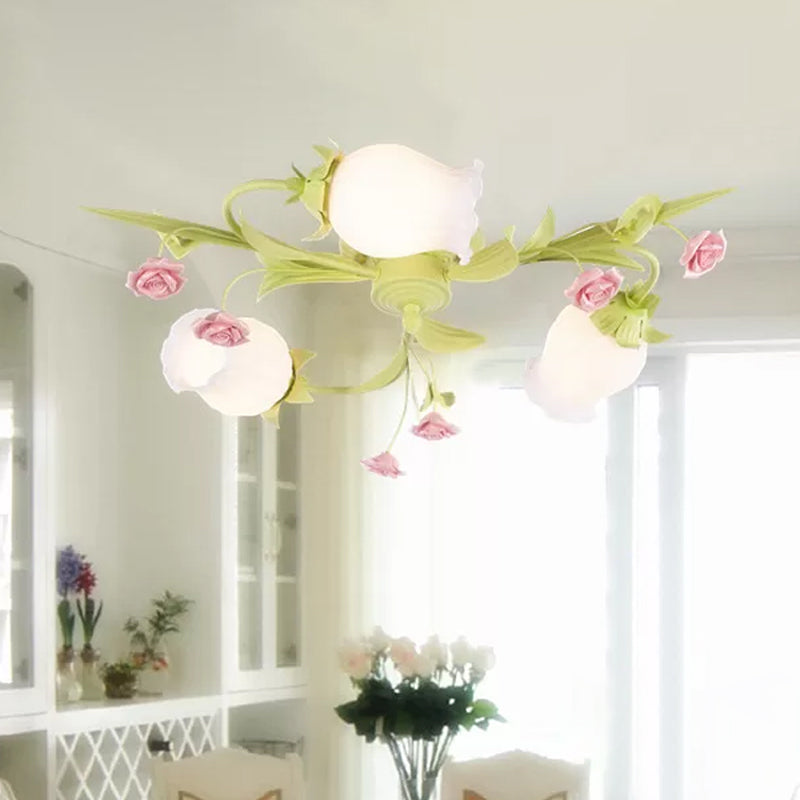 Frosted White Glass Ruffle Semi Flush Lamp Pastoral 3 Lights Bedroom Flush Mount Ceiling Light in Green Green Clearhalo 'Ceiling Lights' 'Close To Ceiling Lights' 'Close to ceiling' 'Semi-flushmount' Lighting' 1968507