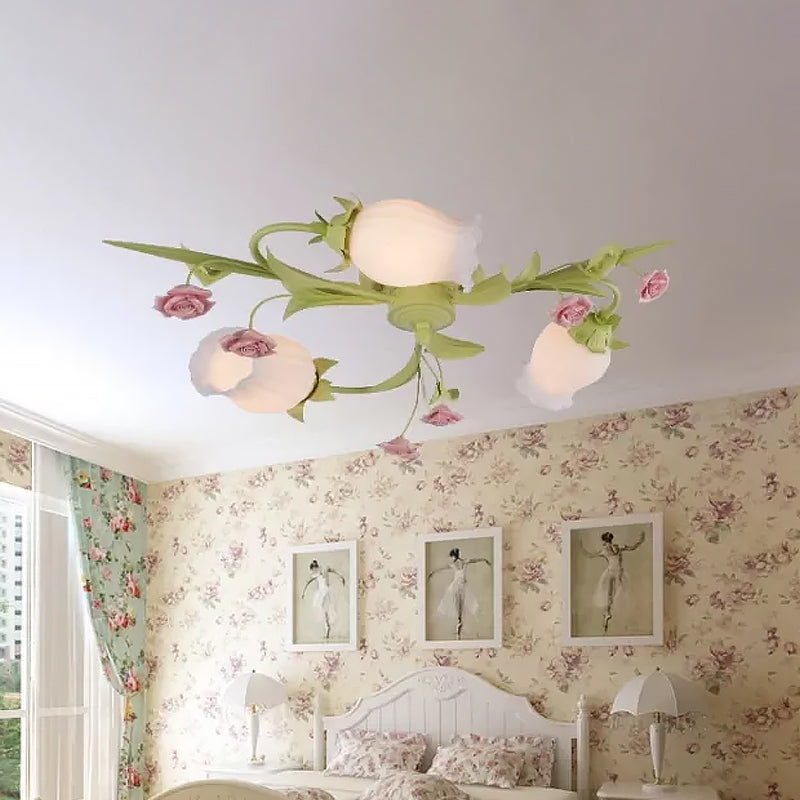 Frosted White Glass Ruffle Semi Flush Lamp Pastoral 3 Lights Bedroom Flush Mount Ceiling Light in Green Clearhalo 'Ceiling Lights' 'Close To Ceiling Lights' 'Close to ceiling' 'Semi-flushmount' Lighting' 1968509