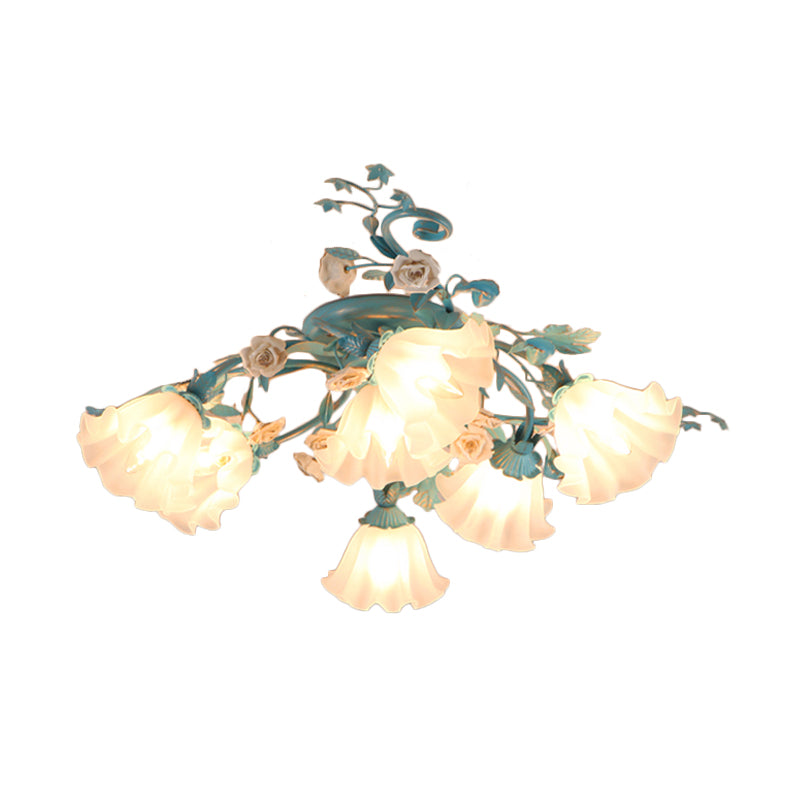 7/9 Lights Semi Flush Mount Korean Garden Flower Frosted Class Flush Ceiling Light in White/Pink Clearhalo 'Ceiling Lights' 'Close To Ceiling Lights' 'Close to ceiling' 'Semi-flushmount' Lighting' 1968519