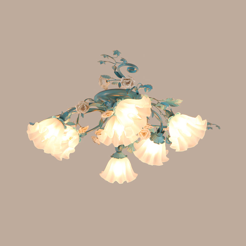 7/9 Lights Semi Flush Mount Korean Garden Flower Frosted Class Flush Ceiling Light in White/Pink Clearhalo 'Ceiling Lights' 'Close To Ceiling Lights' 'Close to ceiling' 'Semi-flushmount' Lighting' 1968520