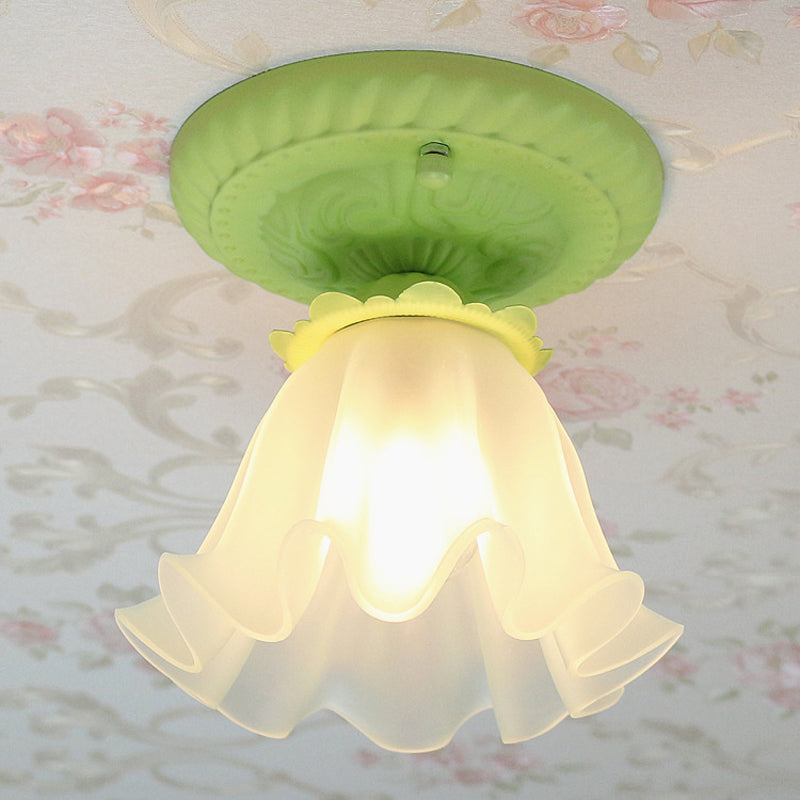 White/Green/Pink Floral Flush Ceiling Light Pastoral Style Frosted Milky Glass 1-Bulb Aisle Flush Mounted Lamp Green Clearhalo 'Ceiling Lights' 'Close To Ceiling Lights' 'Close to ceiling' 'Flush mount' Lighting' 1968521