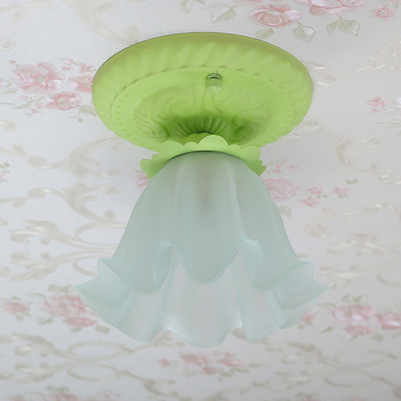 White/Green/Pink Floral Flush Ceiling Light Pastoral Style Frosted Milky Glass 1-Bulb Aisle Flush Mounted Lamp Clearhalo 'Ceiling Lights' 'Close To Ceiling Lights' 'Close to ceiling' 'Flush mount' Lighting' 1968523