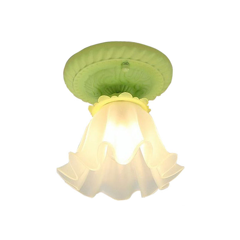 White/Green/Pink Floral Flush Ceiling Light Pastoral Style Frosted Milky Glass 1-Bulb Aisle Flush Mounted Lamp Clearhalo 'Ceiling Lights' 'Close To Ceiling Lights' 'Close to ceiling' 'Flush mount' Lighting' 1968524