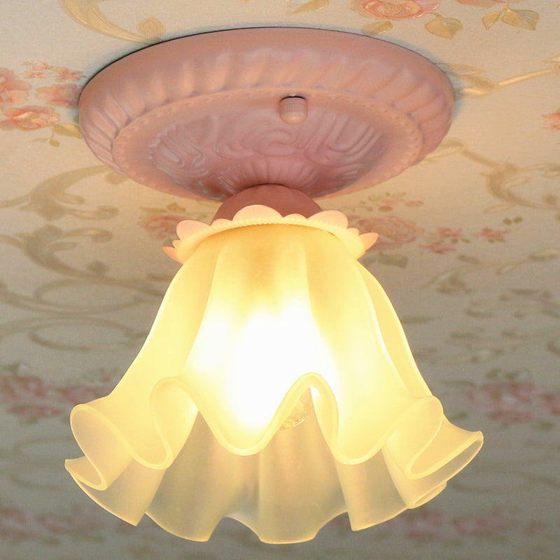 White/Green/Pink Floral Flush Ceiling Light Pastoral Style Frosted Milky Glass 1-Bulb Aisle Flush Mounted Lamp Pink Clearhalo 'Ceiling Lights' 'Close To Ceiling Lights' 'Close to ceiling' 'Flush mount' Lighting' 1968526