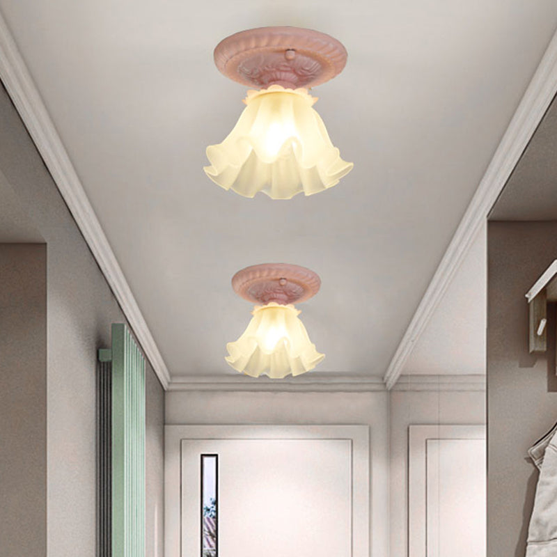 White/Green/Pink Floral Flush Ceiling Light Pastoral Style Frosted Milky Glass 1-Bulb Aisle Flush Mounted Lamp Clearhalo 'Ceiling Lights' 'Close To Ceiling Lights' 'Close to ceiling' 'Flush mount' Lighting' 1968528