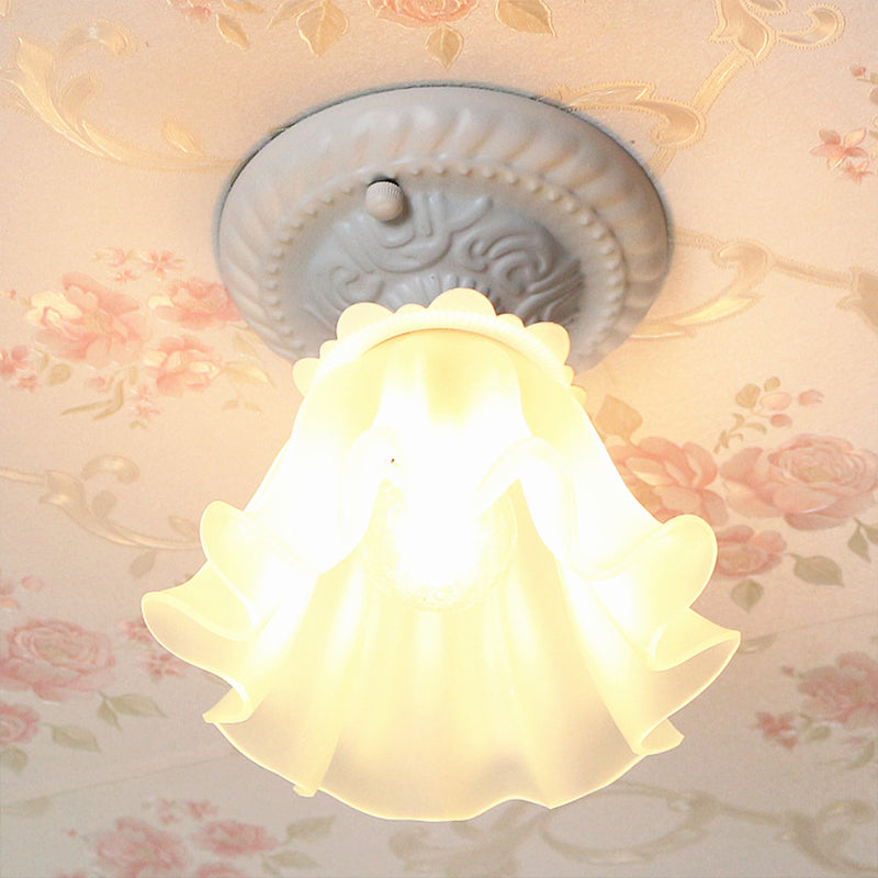 White/Green/Pink Floral Flush Ceiling Light Pastoral Style Frosted Milky Glass 1-Bulb Aisle Flush Mounted Lamp White Clearhalo 'Ceiling Lights' 'Close To Ceiling Lights' 'Close to ceiling' 'Flush mount' Lighting' 1968530