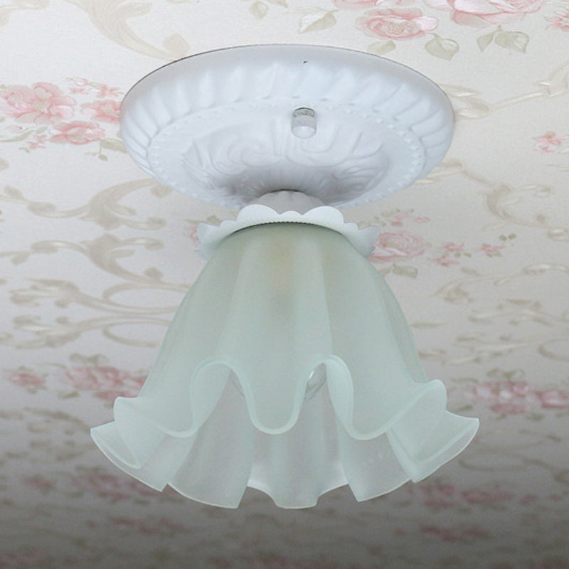 White/Green/Pink Floral Flush Ceiling Light Pastoral Style Frosted Milky Glass 1-Bulb Aisle Flush Mounted Lamp Clearhalo 'Ceiling Lights' 'Close To Ceiling Lights' 'Close to ceiling' 'Flush mount' Lighting' 1968531