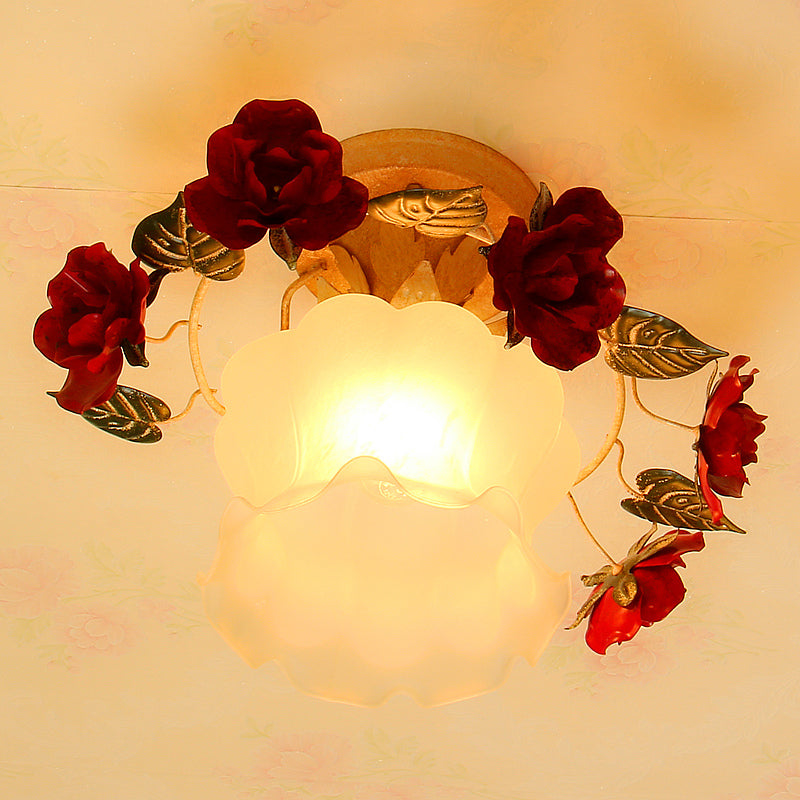 Korean Garden Ruffle Semi Flush Mounted Lamp 1-Light Frost White Glass Ceiling Light with Red Rose Deco White Clearhalo 'Ceiling Lights' 'Close To Ceiling Lights' 'Close to ceiling' 'Glass shade' 'Glass' 'Pendant Lights' 'Semi-flushmount' Lighting' 1968539