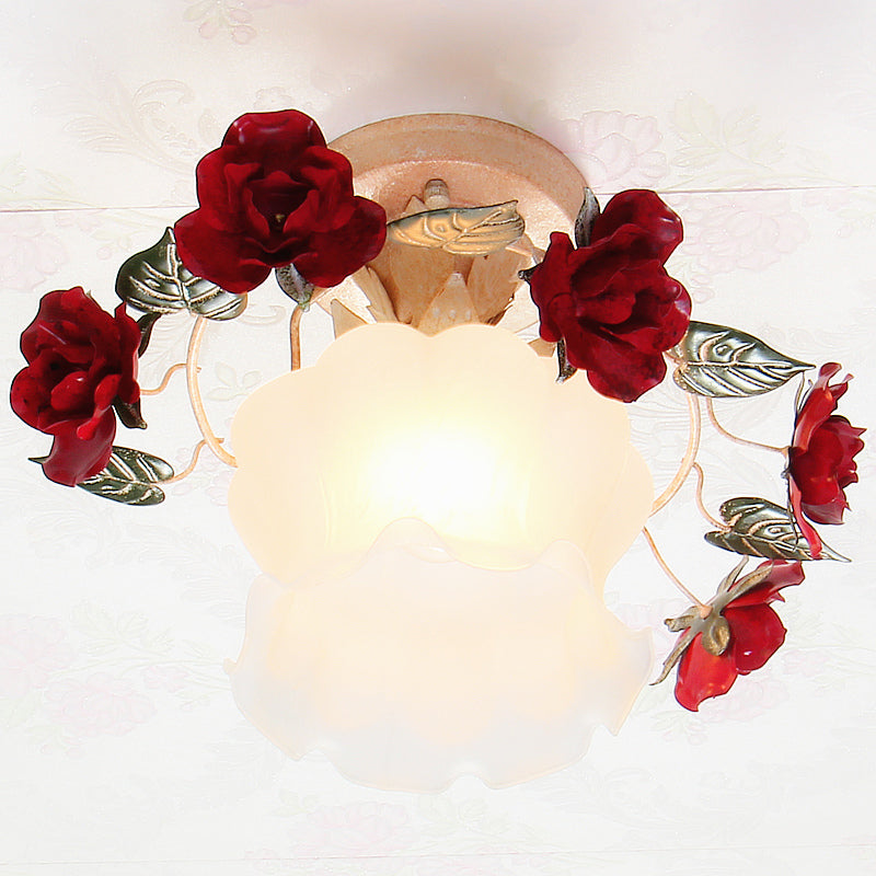 Korean Garden Ruffle Semi Flush Mounted Lamp 1-Light Frost White Glass Ceiling Light with Red Rose Deco Clearhalo 'Ceiling Lights' 'Close To Ceiling Lights' 'Close to ceiling' 'Glass shade' 'Glass' 'Pendant Lights' 'Semi-flushmount' Lighting' 1968540