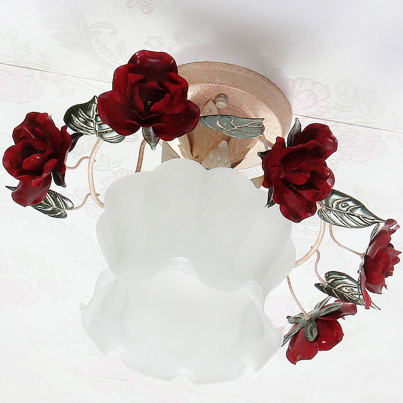 Korean Garden Ruffle Semi Flush Mounted Lamp 1-Light Frost White Glass Ceiling Light with Red Rose Deco Clearhalo 'Ceiling Lights' 'Close To Ceiling Lights' 'Close to ceiling' 'Glass shade' 'Glass' 'Pendant Lights' 'Semi-flushmount' Lighting' 1968541