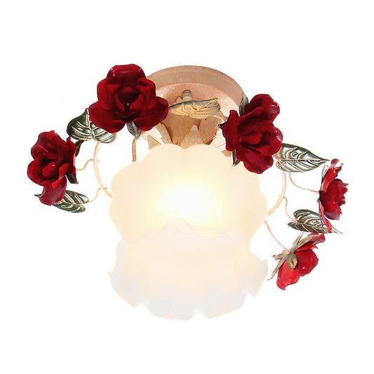 Korean Garden Ruffle Semi Flush Mounted Lamp 1-Light Frost White Glass Ceiling Light with Red Rose Deco Clearhalo 'Ceiling Lights' 'Close To Ceiling Lights' 'Close to ceiling' 'Glass shade' 'Glass' 'Pendant Lights' 'Semi-flushmount' Lighting' 1968542