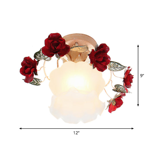 Korean Garden Ruffle Semi Flush Mounted Lamp 1-Light Frost White Glass Ceiling Light with Red Rose Deco Clearhalo 'Ceiling Lights' 'Close To Ceiling Lights' 'Close to ceiling' 'Glass shade' 'Glass' 'Pendant Lights' 'Semi-flushmount' Lighting' 1968543