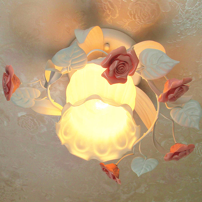 1 Light Ruffle Semi Flush Mount Lamp Korean Garden White Frosted Glass Flush Ceiling Light with Flower Deco White Clearhalo 'Ceiling Lights' 'Close To Ceiling Lights' 'Close to ceiling' 'Glass shade' 'Glass' 'Pendant Lights' 'Semi-flushmount' Lighting' 1968544