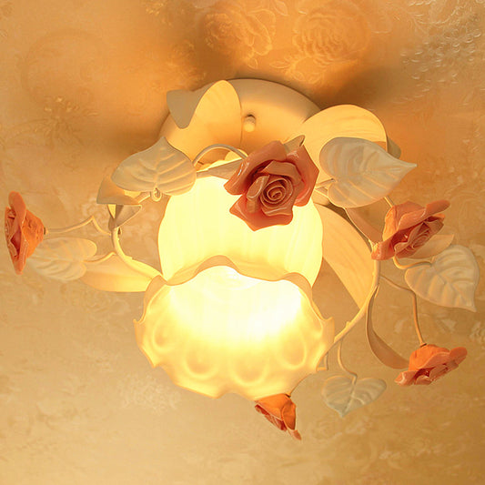 1 Light Ruffle Semi Flush Mount Lamp Korean Garden White Frosted Glass Flush Ceiling Light with Flower Deco Clearhalo 'Ceiling Lights' 'Close To Ceiling Lights' 'Close to ceiling' 'Glass shade' 'Glass' 'Pendant Lights' 'Semi-flushmount' Lighting' 1968545