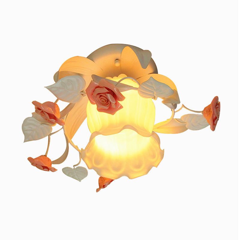 1 Light Ruffle Semi Flush Mount Lamp Korean Garden White Frosted Glass Flush Ceiling Light with Flower Deco Clearhalo 'Ceiling Lights' 'Close To Ceiling Lights' 'Close to ceiling' 'Glass shade' 'Glass' 'Pendant Lights' 'Semi-flushmount' Lighting' 1968546