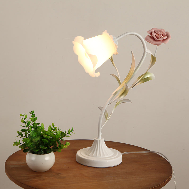 1-Bulb Table Light Korean Garden Dinning Room Night Lamp with Floral Opal Frosted Glass Shade in Red/Pink Pink Clearhalo 'Lamps' 'Table Lamps' Lighting' 1968558