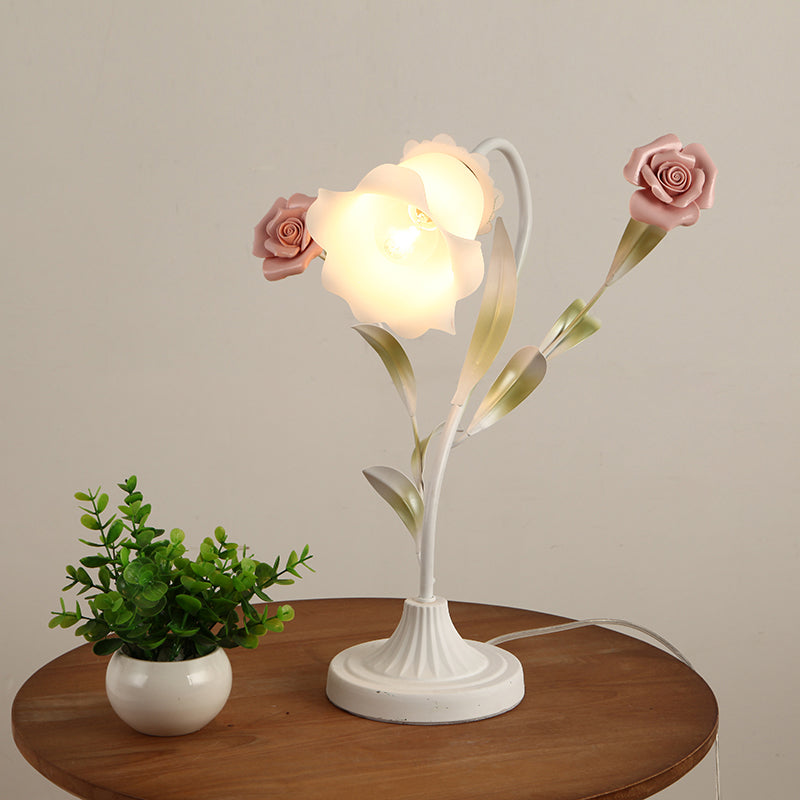 1-Bulb Table Light Korean Garden Dinning Room Night Lamp with Floral Opal Frosted Glass Shade in Red/Pink Clearhalo 'Lamps' 'Table Lamps' Lighting' 1968559