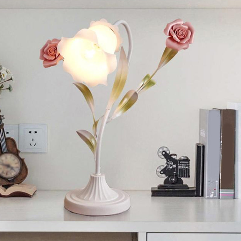1-Bulb Table Light Korean Garden Dinning Room Night Lamp with Floral Opal Frosted Glass Shade in Red/Pink Clearhalo 'Lamps' 'Table Lamps' Lighting' 1968560