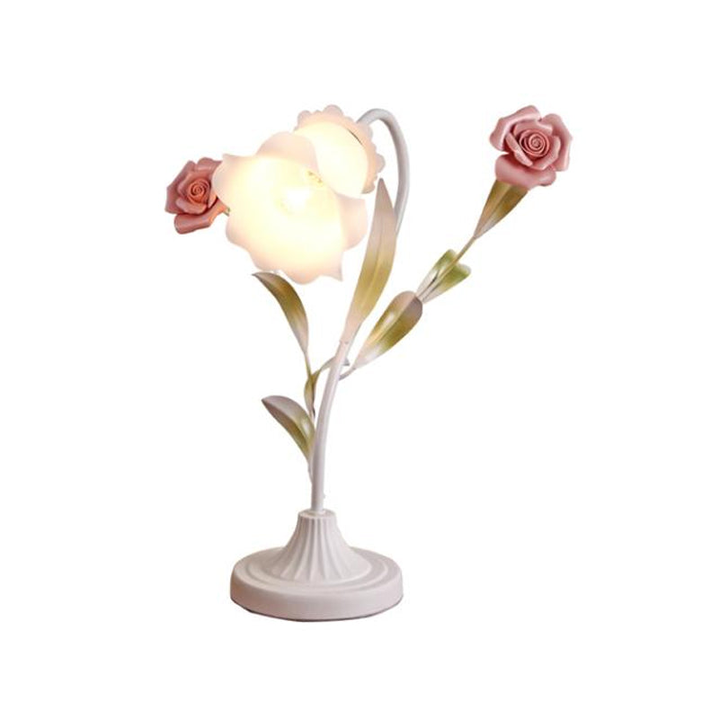 1-Bulb Table Light Korean Garden Dinning Room Night Lamp with Floral Opal Frosted Glass Shade in Red/Pink Clearhalo 'Lamps' 'Table Lamps' Lighting' 1968561