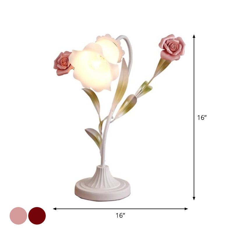 1-Bulb Table Light Korean Garden Dinning Room Night Lamp with Floral Opal Frosted Glass Shade in Red/Pink Clearhalo 'Lamps' 'Table Lamps' Lighting' 1968562