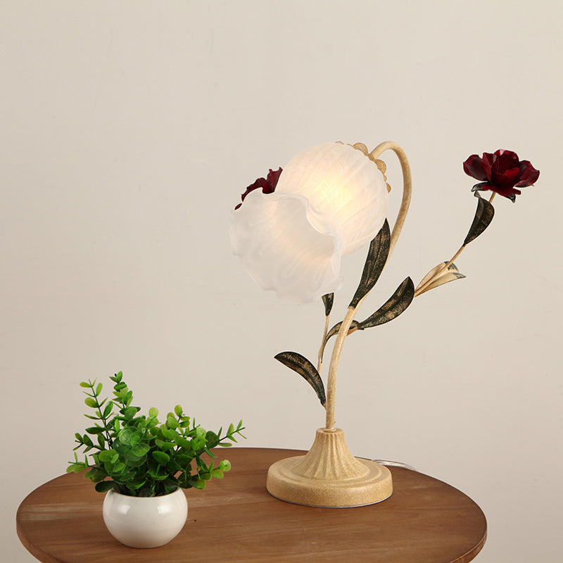 1-Bulb Table Light Korean Garden Dinning Room Night Lamp with Floral Opal Frosted Glass Shade in Red/Pink Red Clearhalo 'Lamps' 'Table Lamps' Lighting' 1968563