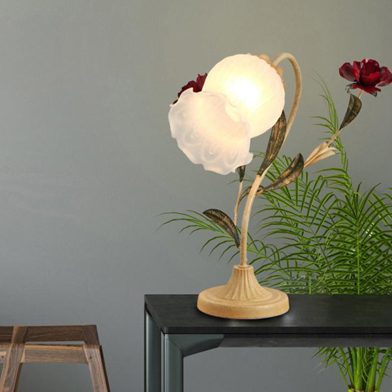 1-Bulb Table Light Korean Garden Dinning Room Night Lamp with Floral Opal Frosted Glass Shade in Red/Pink Clearhalo 'Lamps' 'Table Lamps' Lighting' 1968565