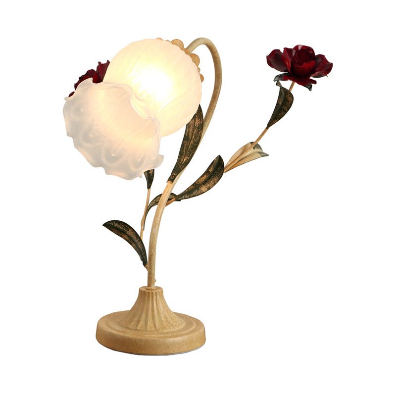 1-Bulb Table Light Korean Garden Dinning Room Night Lamp with Floral Opal Frosted Glass Shade in Red/Pink Clearhalo 'Lamps' 'Table Lamps' Lighting' 1968566