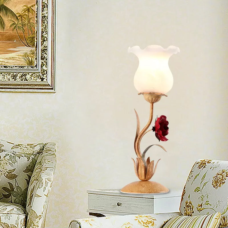 Beige/White/Green Flower Nightstand Lamp American Garden Frosted Milky Glass 1-Head Living Room Table Light Clearhalo 'Lamps' 'Table Lamps' Lighting' 1968568