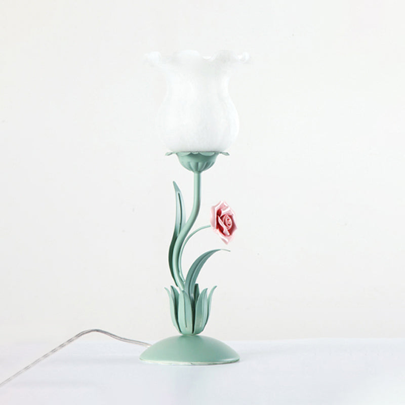 Beige/White/Green Flower Nightstand Lamp American Garden Frosted Milky Glass 1-Head Living Room Table Light Clearhalo 'Lamps' 'Table Lamps' Lighting' 1968574