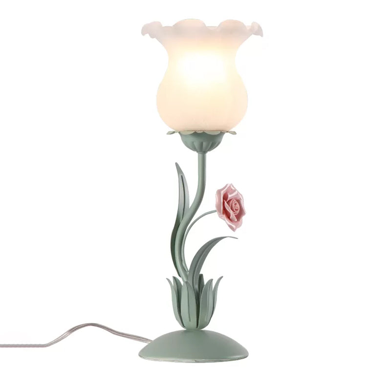 Beige/White/Green Flower Nightstand Lamp American Garden Frosted Milky Glass 1-Head Living Room Table Light Clearhalo 'Lamps' 'Table Lamps' Lighting' 1968575