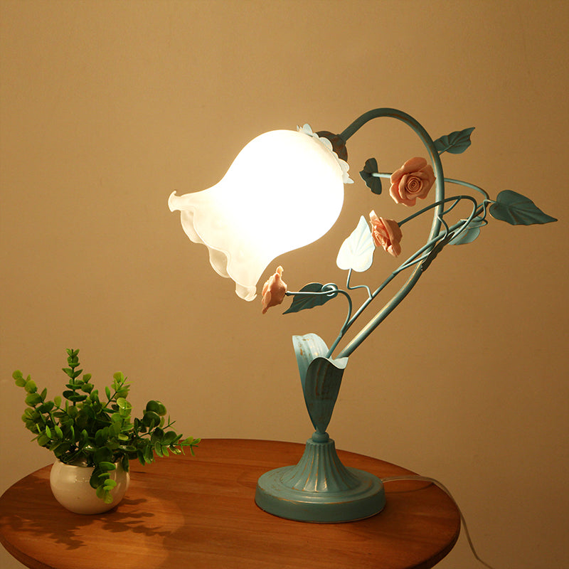 1-Bulb Night Light Pastoral Floral Frosted Milky Glass Table Lamp with Arched Arm in Blue/Beige Blue Clearhalo 'Lamps' 'Table Lamps' Lighting' 1968584