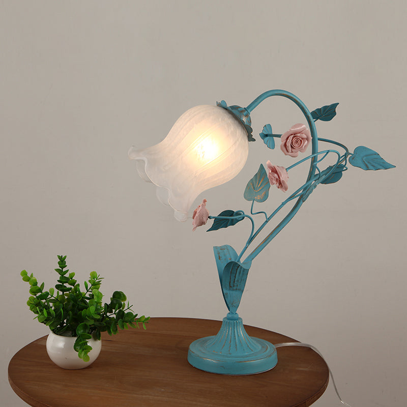1-Bulb Night Light Pastoral Floral Frosted Milky Glass Table Lamp with Arched Arm in Blue/Beige Clearhalo 'Lamps' 'Table Lamps' Lighting' 1968585