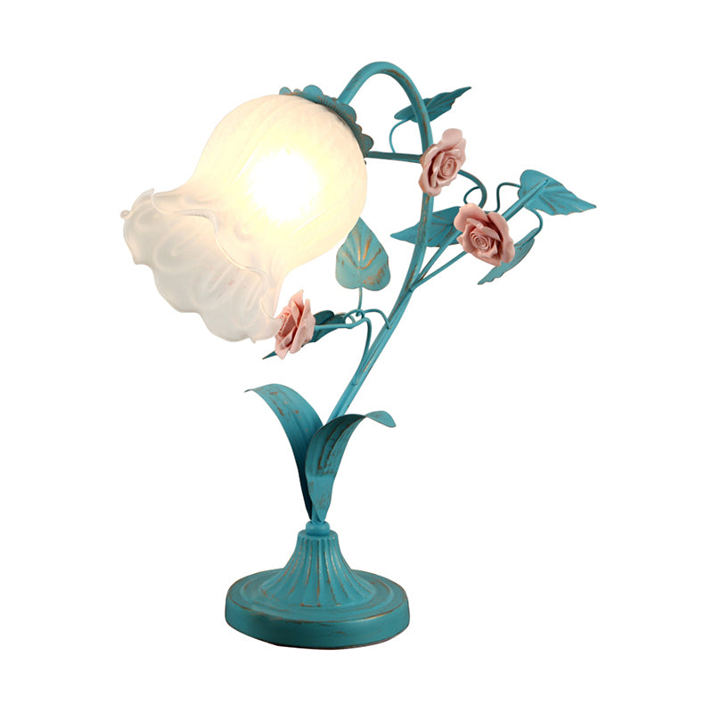 1-Bulb Night Light Pastoral Floral Frosted Milky Glass Table Lamp with Arched Arm in Blue/Beige Clearhalo 'Lamps' 'Table Lamps' Lighting' 1968587