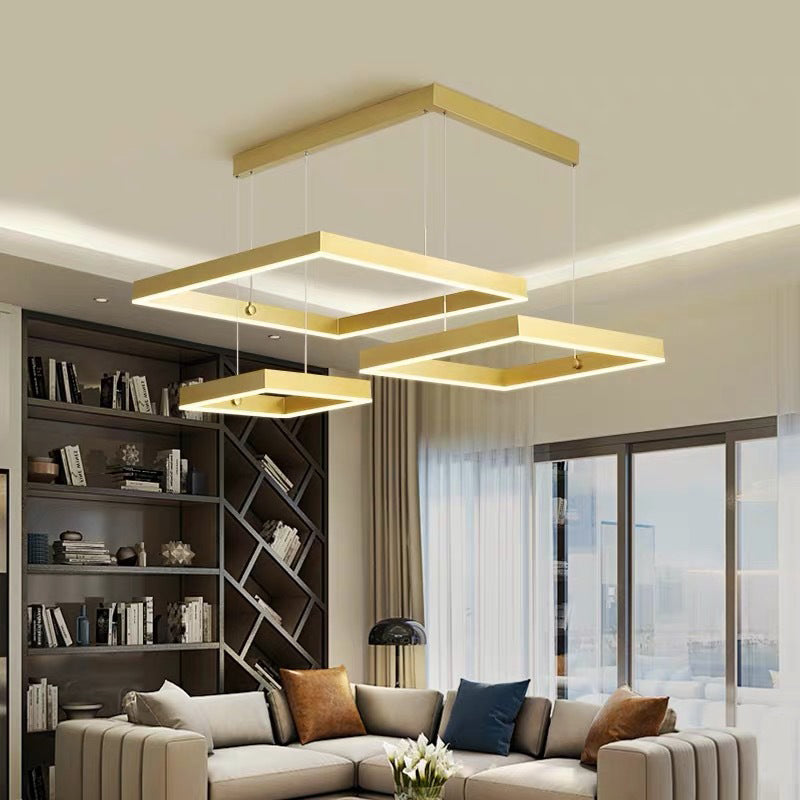 3-Head Living Room LED Pendant Light Minimalist Gold/Coffee Chandelier with Square Acrylic Shade, Warm/White Light Clearhalo 'Ceiling Lights' 'Chandeliers' 'Modern Chandeliers' 'Modern' Lighting' 1968660