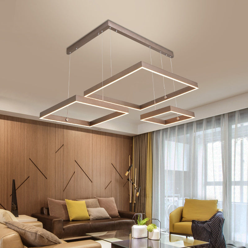 3-Head Living Room LED Pendant Light Minimalist Gold/Coffee Chandelier with Square Acrylic Shade, Warm/White Light Coffee Clearhalo 'Ceiling Lights' 'Chandeliers' 'Modern Chandeliers' 'Modern' Lighting' 1968663