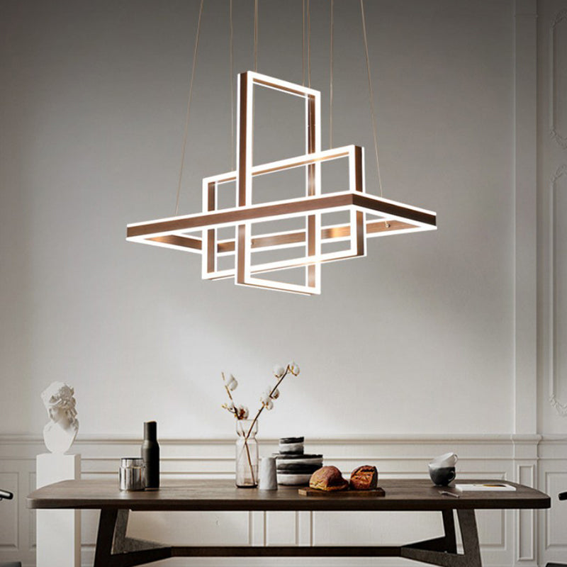 Rectangle Interlocking Chandelier Creative Minimalist Metal Living Room LED Hanging Light in Coffee Clearhalo 'Ceiling Lights' 'Chandeliers' 'Modern Chandeliers' 'Modern' Lighting' 1968683