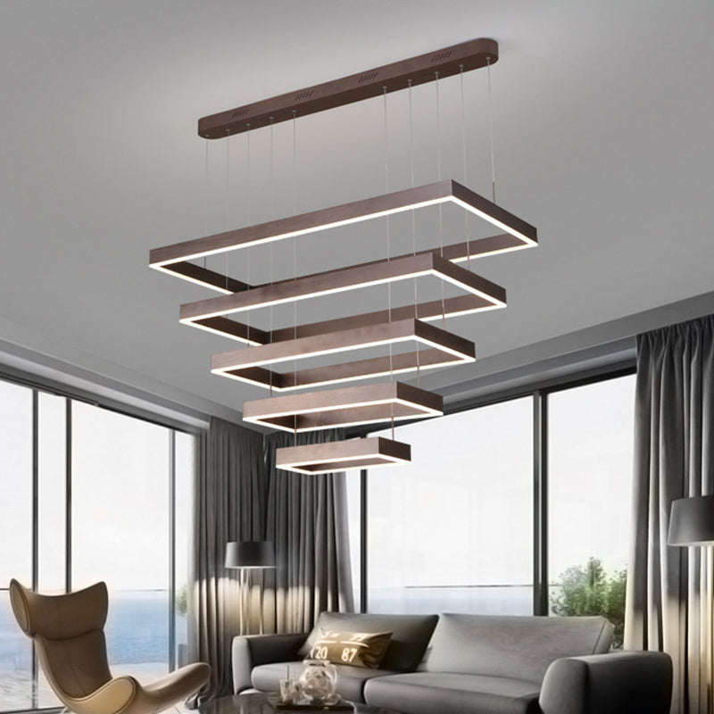 Modern LED Chandelier Coffee 2/4/5 Tiered Tapered Rectangular Pendant Light with Acrylic Shade Coffee 5 Tiers Clearhalo 'Ceiling Lights' 'Chandeliers' 'Modern Chandeliers' 'Modern' Lighting' 1968701
