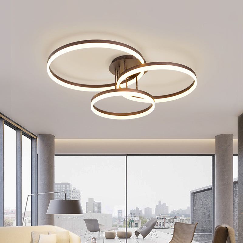Gold/Coffee 3-Ring LED Ceiling Fixture Minimalist Acrylic Semi Flush Mount Lamp in Warm/White Light Coffee Clearhalo 'Ceiling Lights' 'Close To Ceiling Lights' 'Close to ceiling' 'Semi-flushmount' Lighting' 1968737