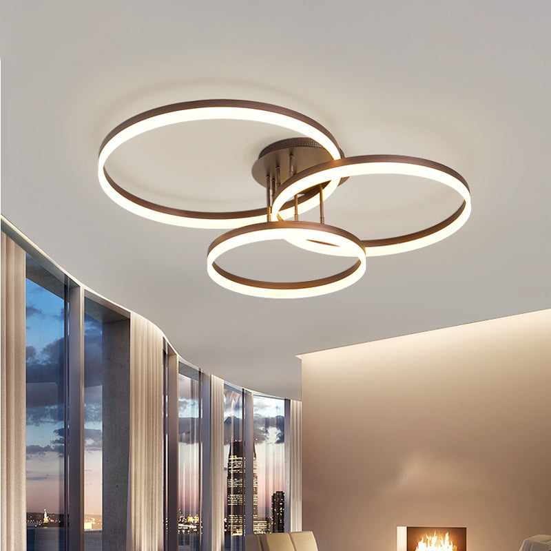 Gold/Coffee 3-Ring LED Ceiling Fixture Minimalist Acrylic Semi Flush Mount Lamp in Warm/White Light Clearhalo 'Ceiling Lights' 'Close To Ceiling Lights' 'Close to ceiling' 'Semi-flushmount' Lighting' 1968739