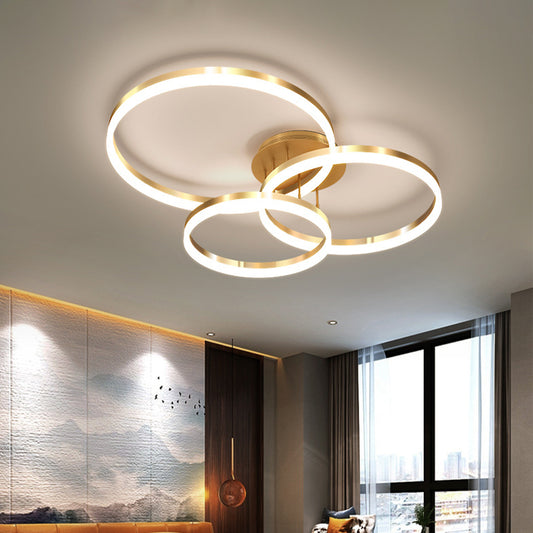 Gold/Coffee 3-Ring LED Ceiling Fixture Minimalist Acrylic Semi Flush Mount Lamp in Warm/White Light Gold Clearhalo 'Ceiling Lights' 'Close To Ceiling Lights' 'Close to ceiling' 'Semi-flushmount' Lighting' 1968742