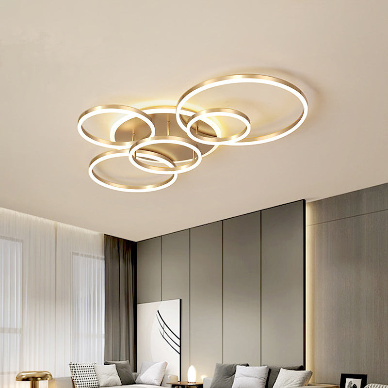 Interlocking Ring 3/5 Tiered Flushmount Metal Modern LED Semi Flush Mount Ceiling Lamp in Gold, Warm/White Light Gold 5 Tiers & Above Clearhalo 'Ceiling Lights' 'Close To Ceiling Lights' 'Close to ceiling' 'Semi-flushmount' Lighting' 1968746