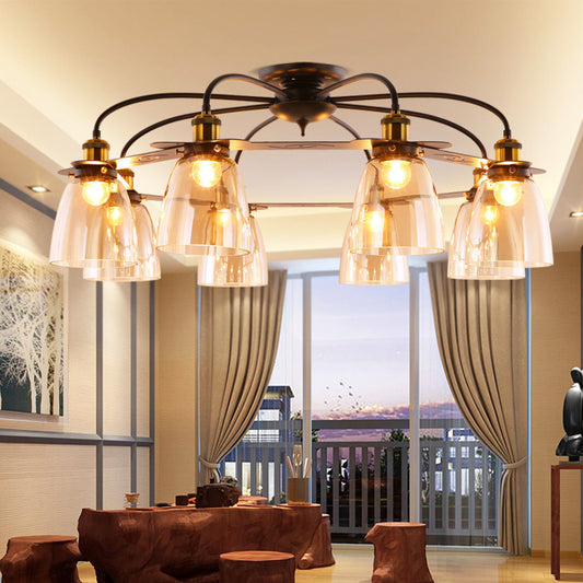 Cognac Glass Bell Semi Flush Lighting Industrial 3/5/6 Heads Living Room Ceiling Lamp in Aged Brass 8 Antique Brass Clearhalo 'Ceiling Lights' 'Chandeliers' 'Close To Ceiling Lights' 'Close to ceiling' 'Glass shade' 'Glass' 'Semi-flushmount' Lighting' 1968843
