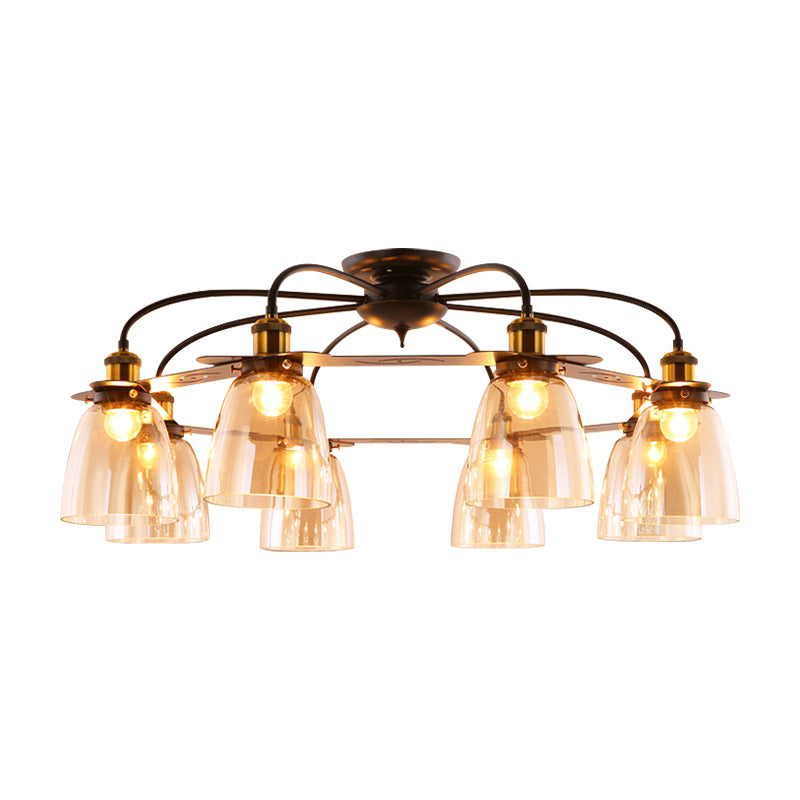 Cognac Glass Bell Semi Flush Lighting Industrial 3/5/6 Heads Living Room Ceiling Lamp in Aged Brass Clearhalo 'Ceiling Lights' 'Chandeliers' 'Close To Ceiling Lights' 'Close to ceiling' 'Glass shade' 'Glass' 'Semi-flushmount' Lighting' 1968844