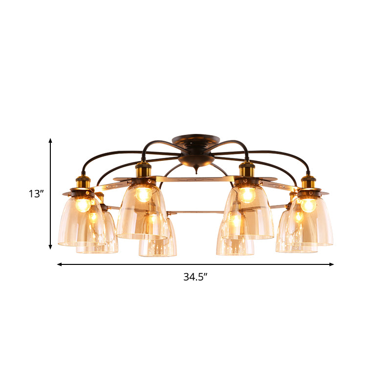 Cognac Glass Bell Semi Flush Lighting Industrial 3/5/6 Heads Living Room Ceiling Lamp in Aged Brass Clearhalo 'Ceiling Lights' 'Chandeliers' 'Close To Ceiling Lights' 'Close to ceiling' 'Glass shade' 'Glass' 'Semi-flushmount' Lighting' 1968845