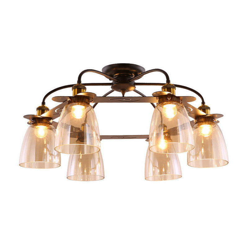 Cognac Glass Bell Semi Flush Lighting Industrial 3/5/6 Heads Living Room Ceiling Lamp in Aged Brass 6 Antique Brass Clearhalo 'Ceiling Lights' 'Chandeliers' 'Close To Ceiling Lights' 'Close to ceiling' 'Glass shade' 'Glass' 'Semi-flushmount' Lighting' 1968847