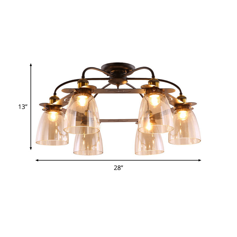 Cognac Glass Bell Semi Flush Lighting Industrial 3/5/6 Heads Living Room Ceiling Lamp in Aged Brass Clearhalo 'Ceiling Lights' 'Chandeliers' 'Close To Ceiling Lights' 'Close to ceiling' 'Glass shade' 'Glass' 'Semi-flushmount' Lighting' 1968848
